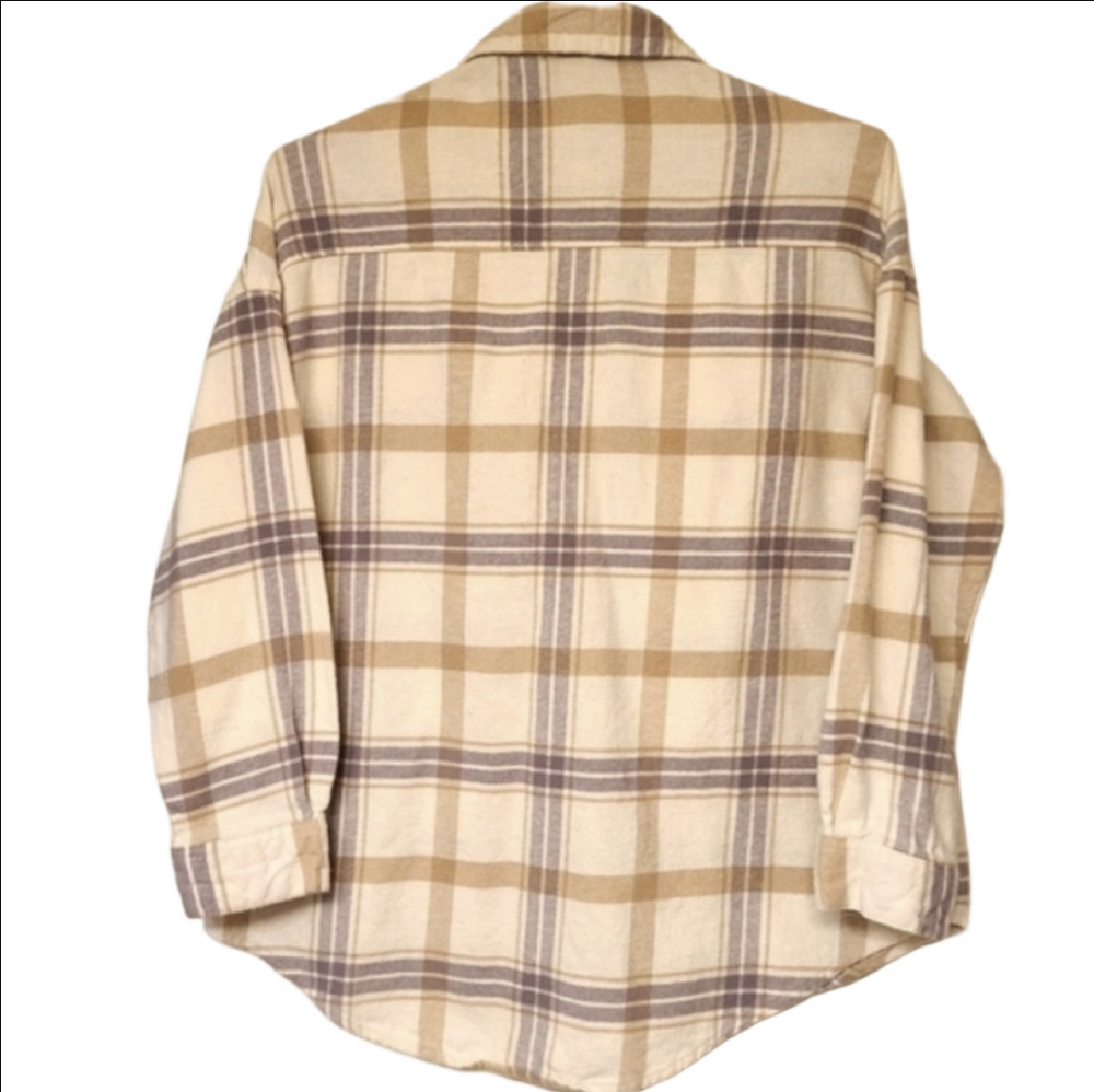 ARDENE PLAID FLANNEL BUTTON DOWN SHIRT OVERSIZED CREAM WOMENS SMALL